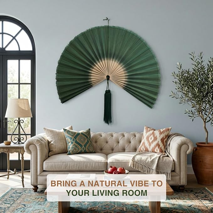 SUCHUBU Green Teal Ombre Wall Fan, 40" Handwoven Bamboo Decor, Large Japanese Hanging Fan, Botanical Asian Wall Art, Modern Boho Living Room Accent (Green Teal Ombre, Medium)