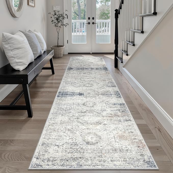 Soalmost Runner Rug 2x8 Washable Non-Slip Hallway Runner Rugs for Kitchen Bathroom Laundry Room Blue Ivory Vintage Floor Carpet Runners for Hallways Entryway