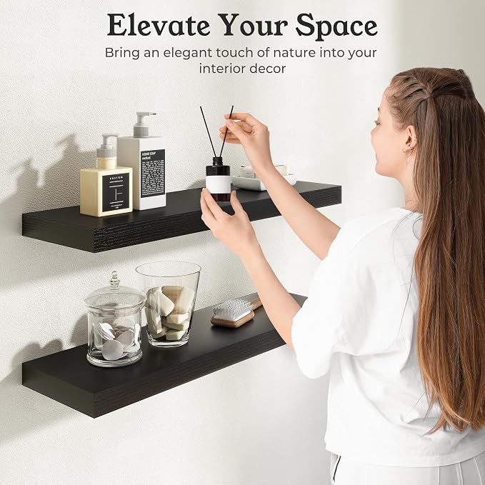 Floating Shelves for Wall, 9.3" Deep Wall Mounted Wood Shelves for Bathroom, Bedroom, Living Room, Kitchen, Hanging Shelf for Books/Storage/Room Decor (Black, 36")
