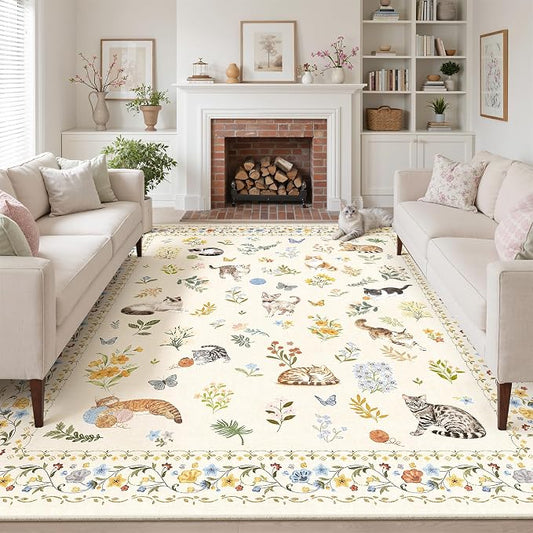 Soalmost Cat 9x12 Area Rugs for Living Room, Machine Washable Animal Floral Vintage Rug Non-Slip Low Pile Soft Throw Large Rugs for Classroom Bedroom Dining Room Nursery Playroom (9 x 12,Beige)
