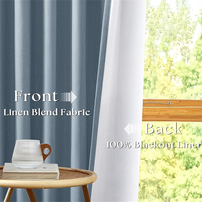 Dusty Blue Black Out Curtains 63 Inch Long for Bedroom Pinch Pleated with Rings Hooks Back Tab Thermal Insulated Short Linen Blackout Drapes Farmhouse Living Room Darkening Kitchen Curtains Grey Blue