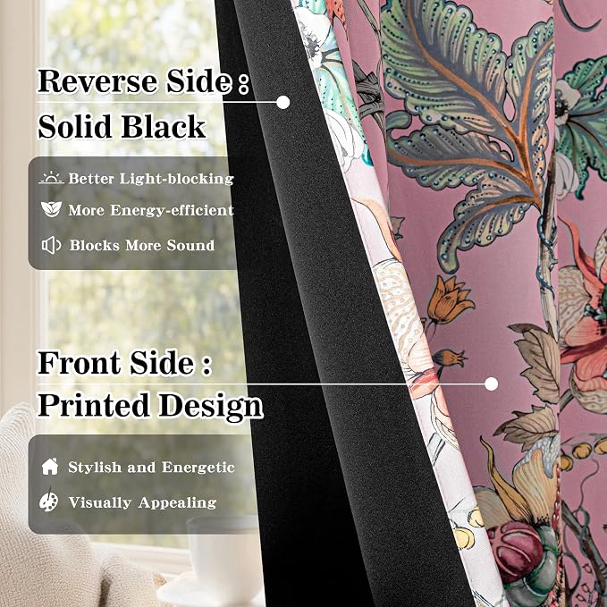 MYSKY HOME Floral Blackout Floor Length Curtains 95 inches Long Black Out Thermal Insulated Privacy Protect Vintage Classical Flower Print for Living Room Dining Room, Pack-2, 52" x 95", Pink