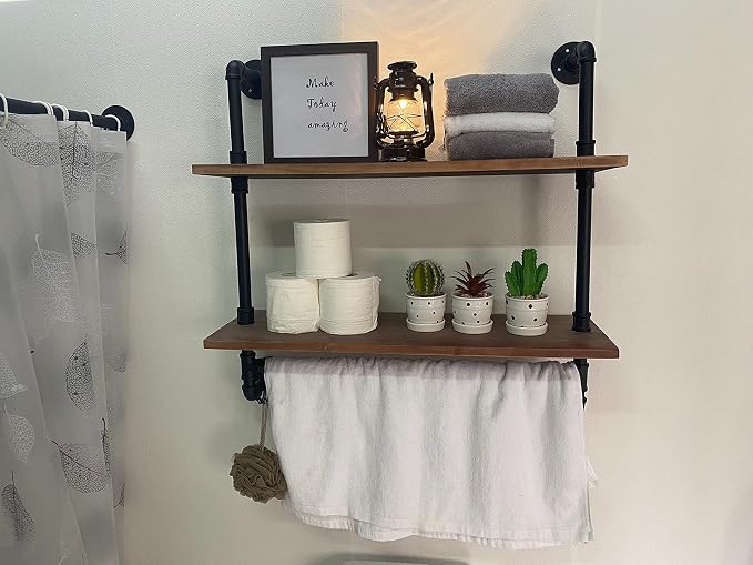 ROGMARS Industrial Pipe Shelving Bathroom Shelves with Towel bar | 30 inch Rustic Floating Shelves Pipe Wall Shelf with Hooks for Living room,Kitchen,Bedroom,Coffee Bar 2 Tier