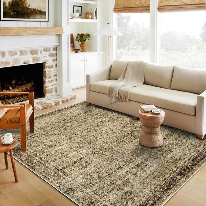 CHAMPLANT Area Rug 4x6 Washable Rug Brown Vintage Traditional Floor Cover Foldable Thin Retro Kitchen Accent Indoor Distressed Non Slip Carpet Floral Print Mat Bedroom Living Room