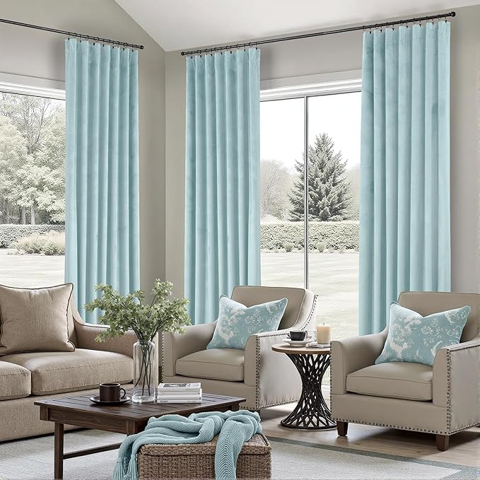Light Blue Velvet Curtains 84 Inches Long Sky Baby Blue Cerulean Room Darkening Thermal Insulated Semi Blackout Luxury Modern Drapes for Living Room Bedroom 84 Inch Length 2 Panels Back Tab Rod Pocket