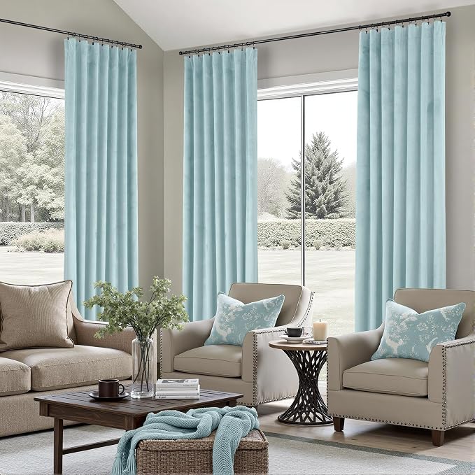 Extra Long Light Blue Velvet Blackout Curtains 108 Inch Length 2 Panel for Large Window Living Room Spring Back Tab Pocket Cold Blocking Heavy Ceiling Floor Winter Drape for Bedroom Patio Sliding Door