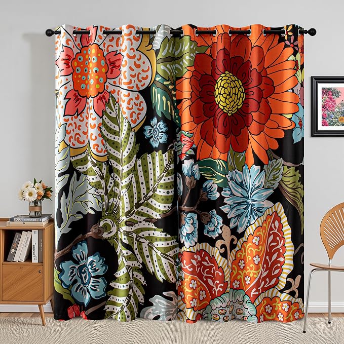 MYSKY HOME Black Boho Floral Blackout Curtains & Drapes for Bedroom 63 inch Long Black Out Curtain with Botanical Leaf Design for Living Room Thermal Insulated Room Darkening Drape, Pack-2, 52Wx 63L