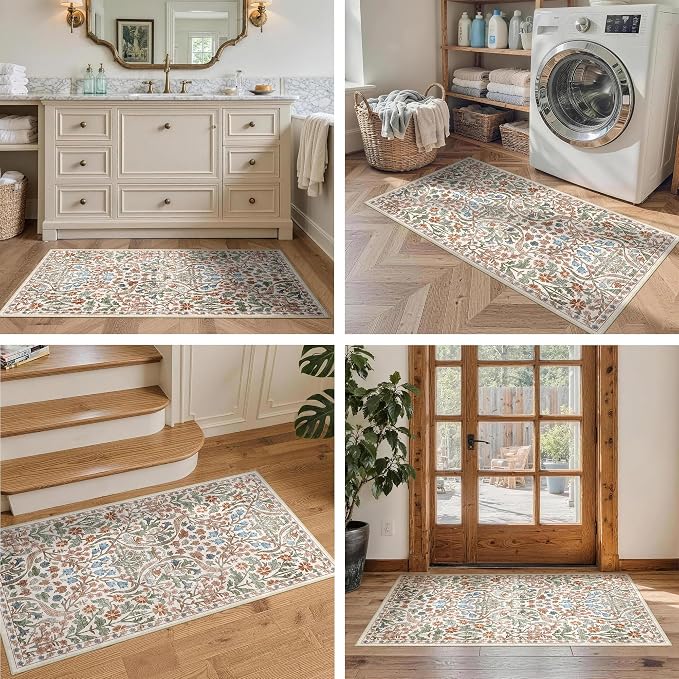 2x4 Washable Runner Rug Kitchen Hallway Area Rug Vintage Boho Floral Ultra Non-Slip Low Pile Soft Faux Wool Carpet Kids and Pets Friendly for Bathroom Bedroom Entryway Nursery Home Rug Beige