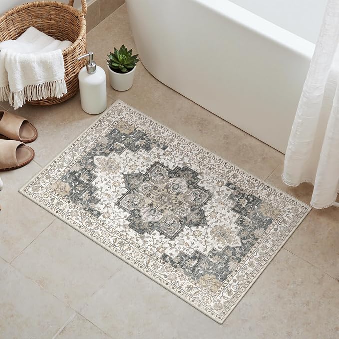 GENIMO Area Rug 2x3 Doormat, Machine Washable Low Pile Rugs, Small Retro Entryway Mat for Entrance, Hallway, Kitchen and Corridor, Heathered Grey