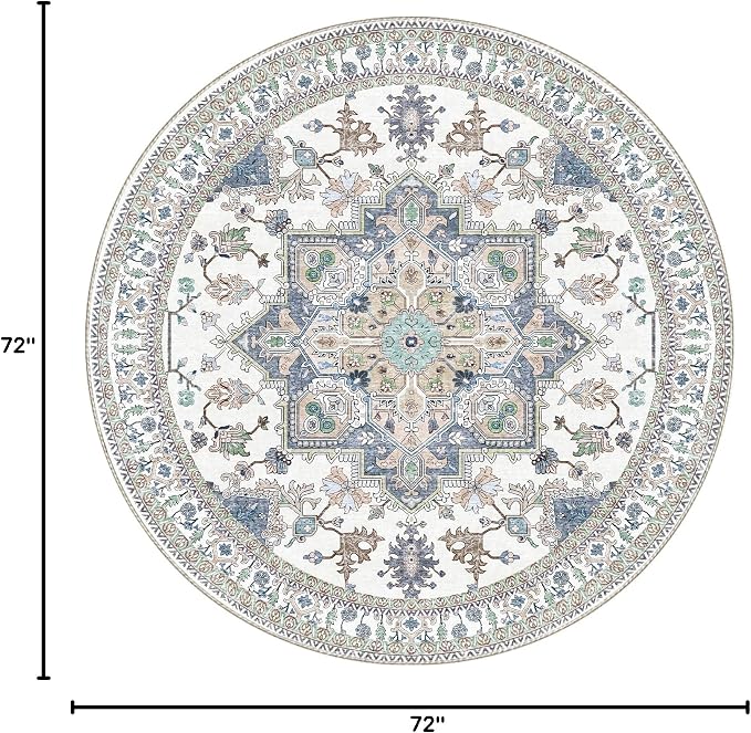 OPPODREAM Soft Round Rug 6ft, Washable Circle Rug 6ft with Non Slip Backing Play Room, Low-Pile Carpet 6 ft, Faux Cashmere Throw Carpet, Purple & Green & Cream