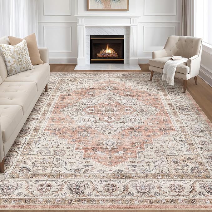 7x10 Area Rug Living Room: Washable Boho Large Neutral Vintage Soft Rug Stain Resistant Farmhouse Non-Slip Indoor Floor Retro Carpet for Bedroom Nursery Kids Office Dining Room- Pink Brown
