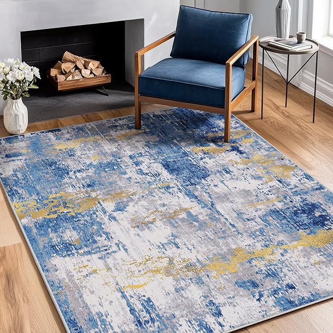 RELEANY Washable Area Rugs 3'x5' Non-Slip Modern Abstract Soft for Living Room Entryway Bedroom Kitchen, Print Pattern, Grey Blue Gold/Golden