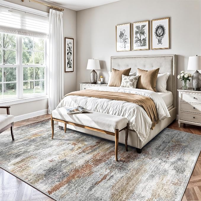 Washable Rug 6x9, Abstract Morden Soft Area Rug, Non-Slip Low Pile Rugs for Living Room, Bedroom, Dining Room, Home, Office(Grey & Brown)