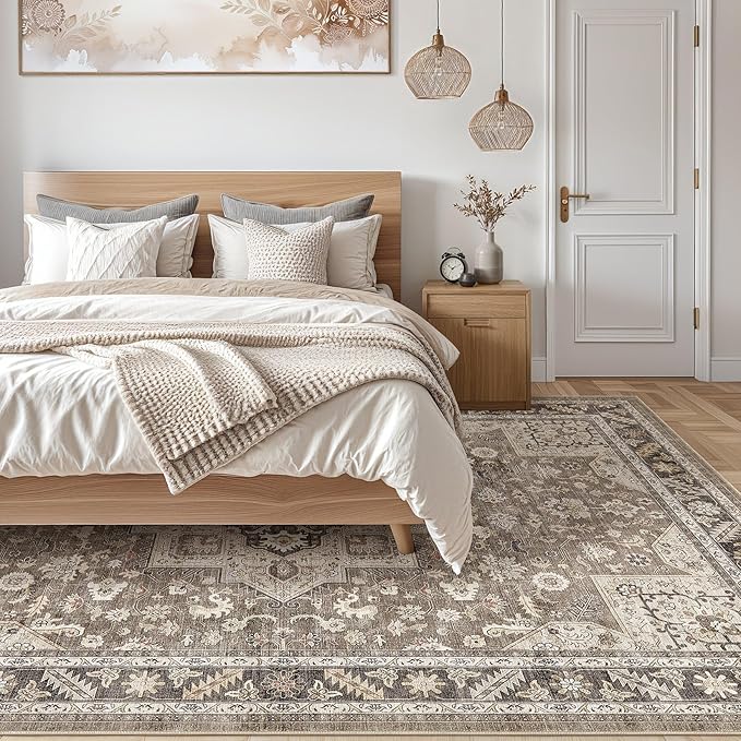 Vintage Living Room Area Rug 10x13 - Large Soft Washable Oriental Traditional Distressed Farmhouse Rugs for Bedroom - Indoor Floor Accent Carpet for Home Office House Decor - Brown