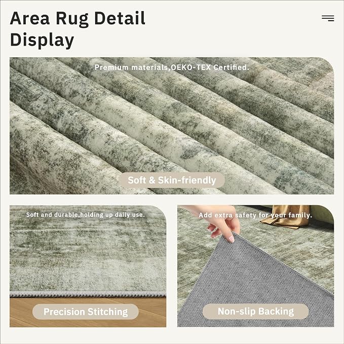Soalmost Abstract Rug 8x10 Large Living Room Neutral Modern Washable Area Rugs for Bedroom Dining Room Non-Slip Stain Resistant Foldable Thin Green Black