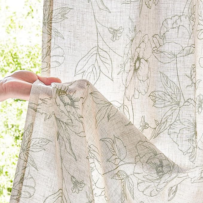 jinchan Floral Linen Curtains for Living Room 96 Inch Length Green Flower Curtain Rod Pocket Back Tab Farmhouse Curtains with Printed Floral Bedroom Window Curtain Set, 2 Panels Green