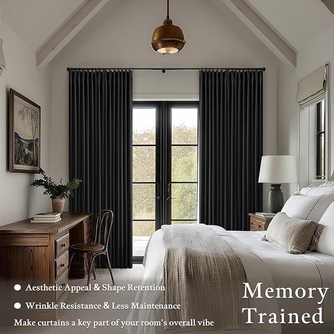 Black Blackout Pinch Pleated Linen Curtains 105 Inches Long for Living Room 2 Panels Thermal Insulted Dual Layer Drapes Ceiling Floor Back Tab 105 Inch Window Curtains Bedroom Sliding Glass Door