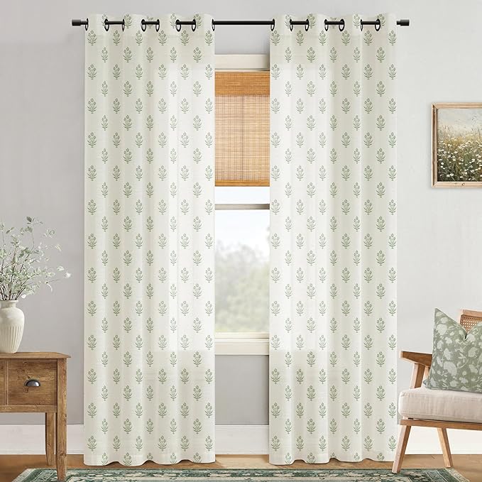 Botanical Curtains Green Leaf Print,Vine Sheer Unique Boho Floral Eclectic Chinoiserie Curtains for Bedroom Living Room 96 Inches Long