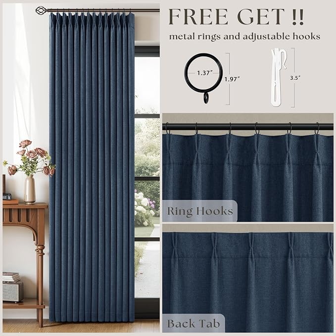 100% Black Out Curtains 80 Inch Length 2 Panels Pinch Pleated Back Tab Navy Blue Heat Blocking Window Boho Farmhouse Living Room Darkening Curtains Textured Linen Blackout Drapes for Bedroom