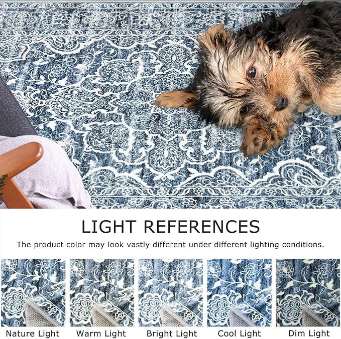 KUTA Modern Floral Area Rug 4x6 Living Room, Washable Printed Vintage Distressed Tribal Blue White Rugs, Non-Slip Dining Room Carpet, Soft Low Pile Cozy Boho Farmhouse Throw for Bedroom