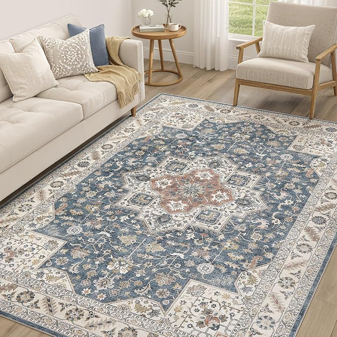 Vintage Living Room Area Rug 5x8 - Large Soft Washable Oriental Traditional Distressed Farmhouse Rugs for Bedroom - Indoor Floor Accent Carpet for Home Office House Decor - Vintage Blue