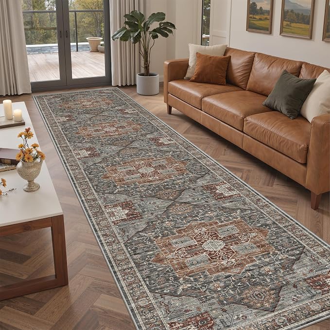 Roxstand Washable 2.6x10 Hallway Runner Rug, Grey/Brown/Tan | Low-Pile Carpet, Non-slip Backing,10ft Runner, Stain Resistant, Runner for Kitchen, Laundry Room, Entryway, Vintage Design