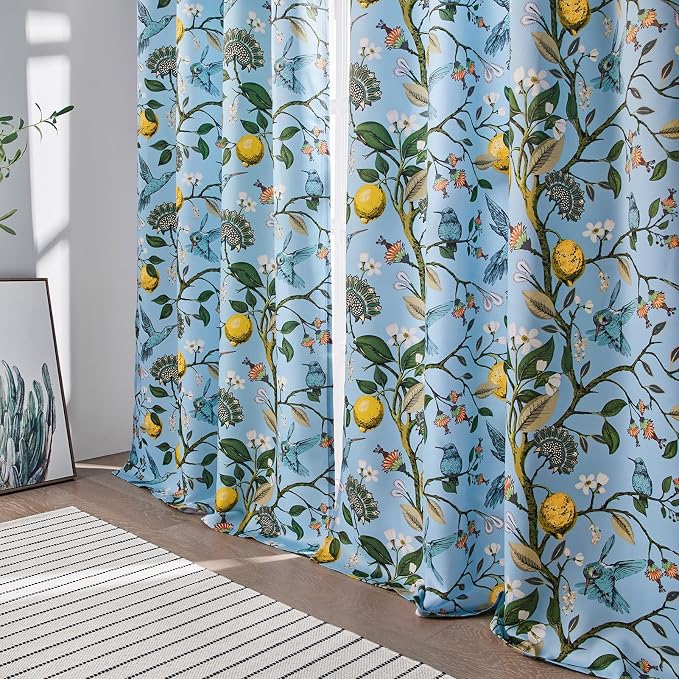 Topfinel Blue and Gold Unique Blackout Curtains 63 Inches Long 2 Panels, Floral Hummingbird Lemon Printed Colorful Energy Efficient Antique Noise Grommet Drapery Treatment for Window Nursery Classroom