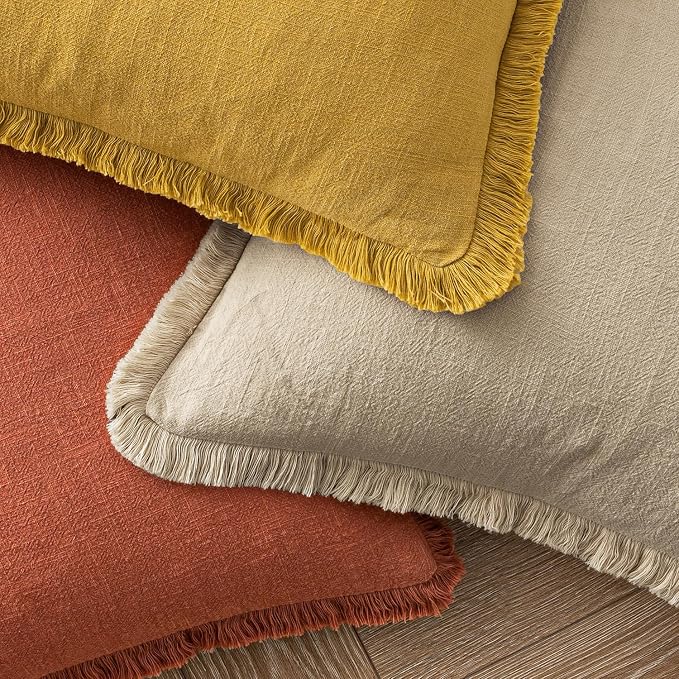 MIULEE Decorative Throw Pillow Covers Neutral Linen Fringe Throw Pillows Set of 2 Burnt Orange Boho Farmhouse Cushion Covers with Tassels for Couch Sofa Bed Living Room Fall Home Decor 18x18 Inch
