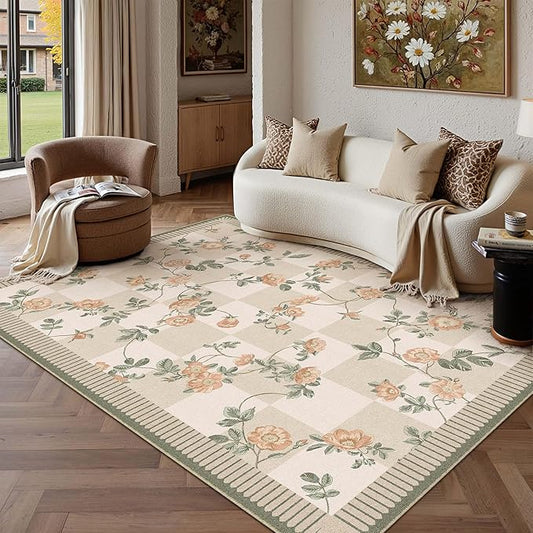 HUGEAR 5x7 Checkered Area Rugs Machine Washable Beige Living Room Rug Floral Print Non-Slip Stain Resistant Low Pile Indoor Throw Carpet for Bedroom Home Unique Aesthetic Modern Decor