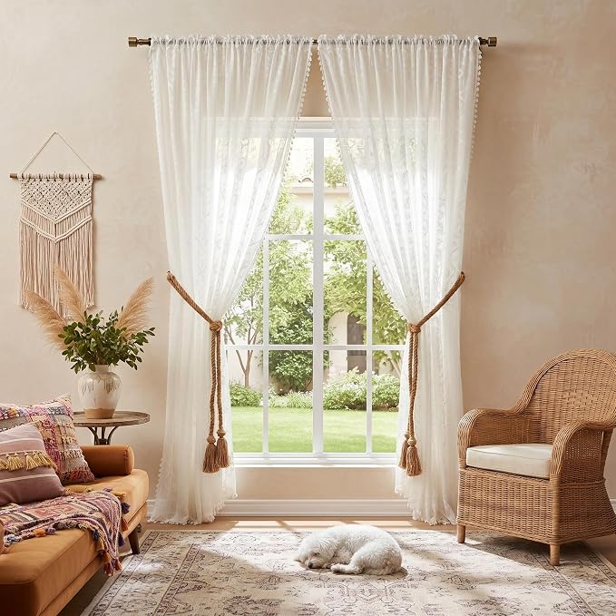 WAZZIO White Boho Lace Curtains 96 Inch -Cute Vintage Victorian Sheer Panel Drape French Country Floral Pattern & Tassel Light Filtering Privacy for Bedroom Dining Living Room,2 Panels,W52 x 96L