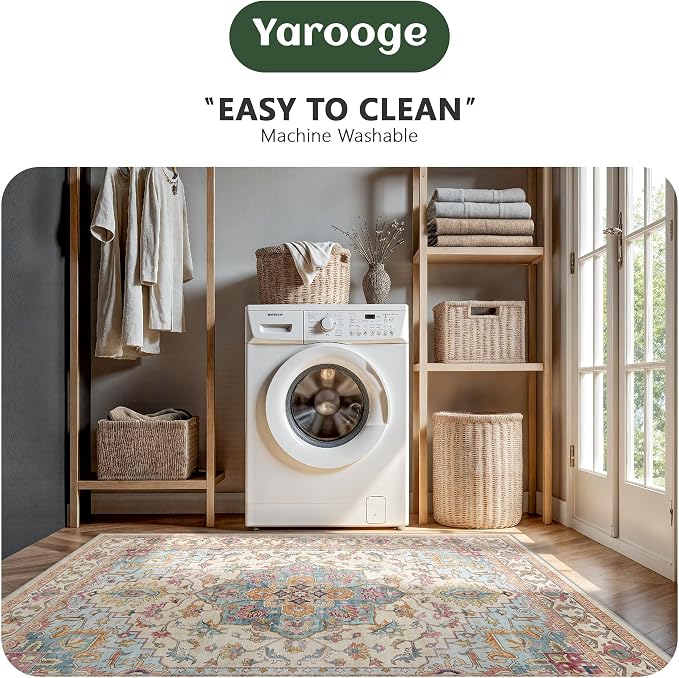 5x7 Area Rugs - Washable Rug Vintage Distress Boho Medallion Rugs for Living Room, Soft Non-Slip Backing Low Pile Carpet for Bedroom Dining Room Office Nursery Dorm Home, Vintage Orange