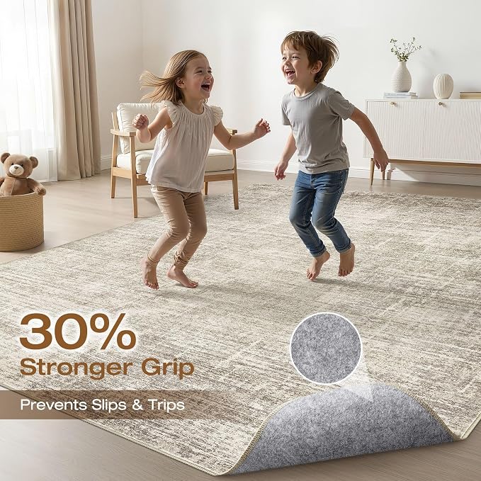 7x9 Area Rug Living Room: Washable Large Neutral Brown Rug Abstract Soft Modern Stain Resistant Indoor Floor Non-Slip Carpet for Bedroom Nursery Kids Office Playroom Dining Room Under Table Home