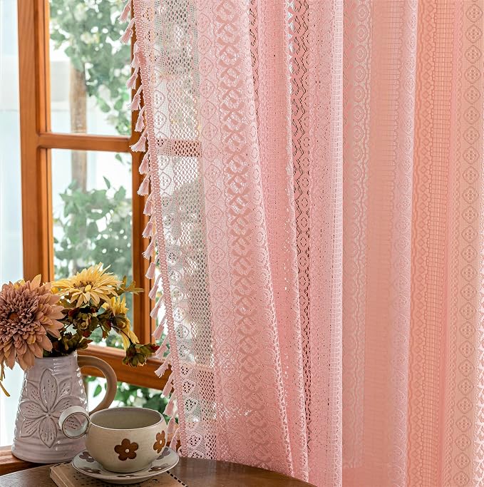 Sutuo Home Boho Curtains 2 Panels for Nursery Kid's Room,Sheer Lace Curtains Crochet Vintage Chic Tassels Farmhouse Bohemian Drape Privacy Window Treatments Rustic Rod Pocket, 50" x 63" Light Pink