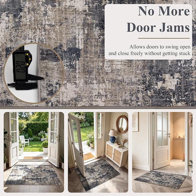 Sasttie 2x10 Soft Runner Rug for Entryway, Modern Abstract Washable Carpet for Hallway, Kitchen and Laundry Room, with Non-Slip Backing, Black and Beige