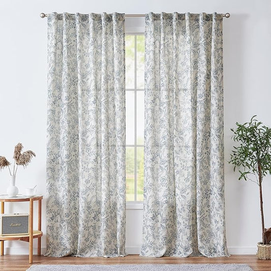 jinchan Floral Linen Blend Curtains for Living Room Blue French Country Farmhouse Curtains 108 Inches Long Light Filtering Kitchen Window Back Tab Semi Sheer 2 Panels