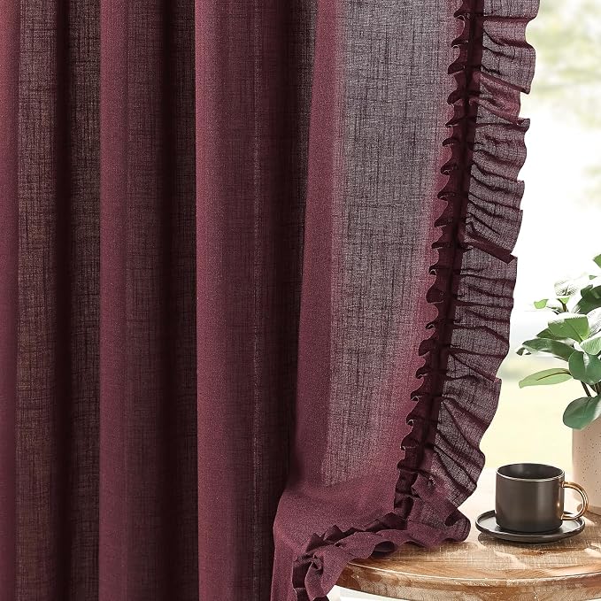 Burgundy Farmhouse Curtains for Bedroom, 2 Panels W47 x L54 Inch Light Filtering Semi-Sheer Linen Curtains Rod Pocket Shabby Chic French Country Romantic Luxury Vintage Privacy Window Ruffled Curtain