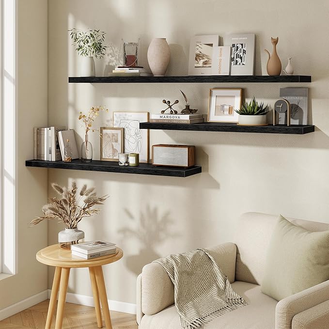 Fun Memories Black Floating Shelves 55 Inch Long, 9.3 Inch Deep Floating Shelf for Wall, Living Room, Bedroom, Kitchen, Large Deep Wall Shelves with Invisible Bracket for Books, Decor