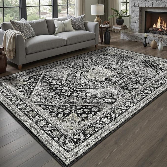 DCX Machine Washable Black Area Rug 8x10, Non Slip Stain Resistant Vintage Floral Rug for Living Room Bedroom Dining Room, Soft Low Pile Large Carpet