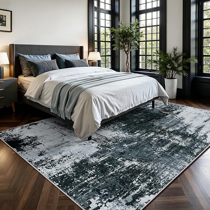 5x7 Rugs for Living Room - Modern Abstract Washable Rug, Ultra Soft Non Slip Low Pile Large Rugs, Floor Carpet for Bedroom Dining Room Office Laundry Nursery Home(Black)
