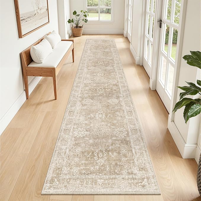 Madane Runner Rug 2x12 for Hallway, Kitchen Non-Slip Runner Rug with Rubber Backing, Vintage Soft Low Pile Throw Neutral Carpet Runner for Laundry Room Entryway Bathroom Bedroom (2 x 12, Beige/Brown)