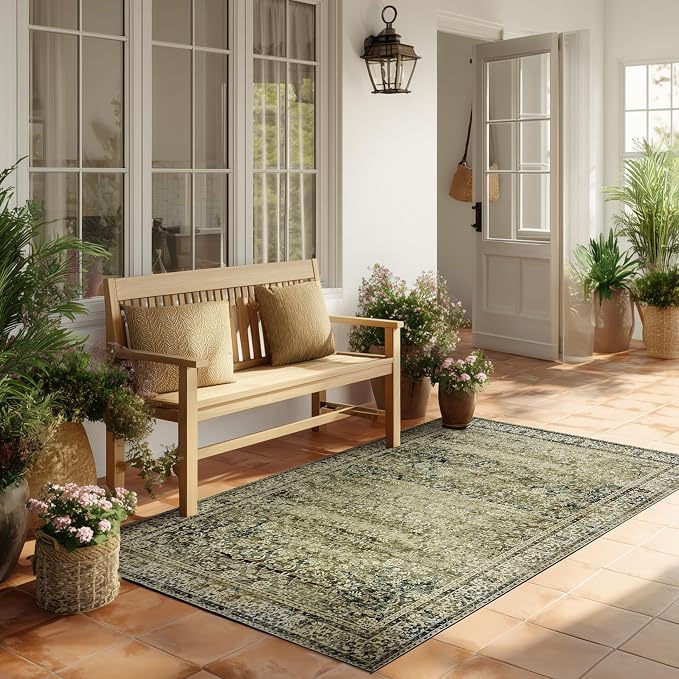 Olive and Tan Boho Front Door Mat for Indoor Entrance Washable Non Slip Cute Vintage Floral Aesthetic Area Rugs for Entryway Entry 4x6