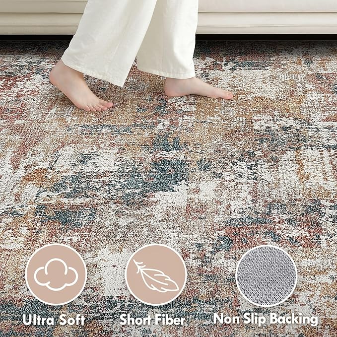 Tortania Washable 10x14 Area Rug for Living Room: Modern Abstract Neutral Large Soft Thin Rugs - Non Slip Indoor Carpet for Bedroom Dining Room Office Nursery Home Floor Decoration - Colorful Multi