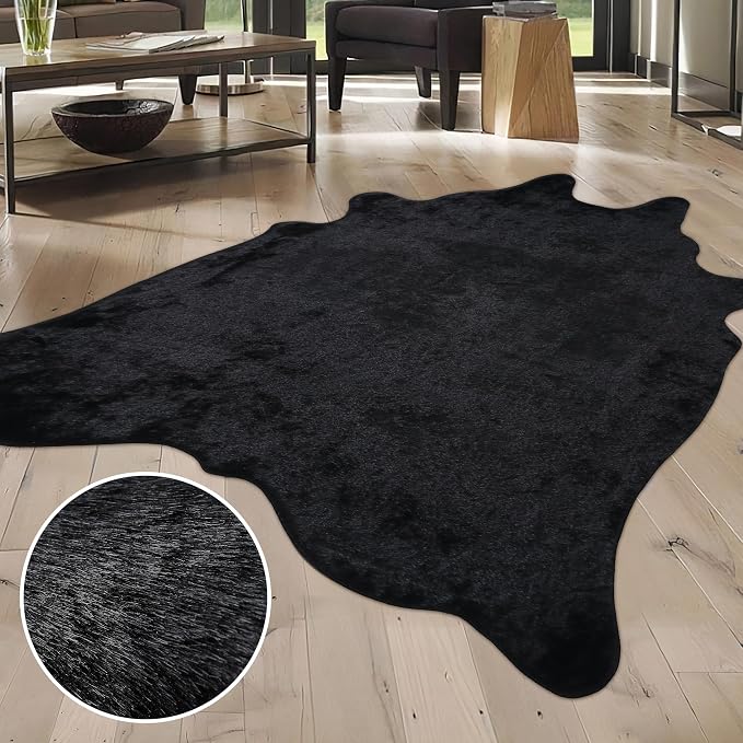 Black Faux Fur Cowhide Rug, Cow Hide Cow Print Rug for Living Room Bedroom 4.6x5.2 Feet - Animal Print Cow Skin Rustic Western