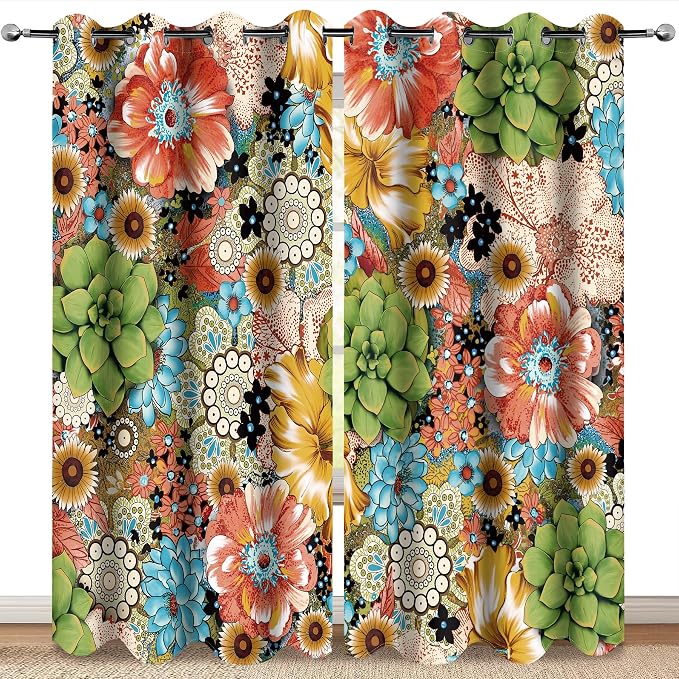 MissHope Boho Flower Floral Blackout Curtains Bohemian Colorful Flowers Spring Summer Decor for Women Girls Bedroom Study Classroom Living Room Darkening Grommet Window Drapes 2 Panel Set, 52x84 Inch