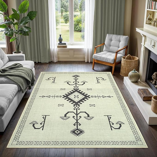 GLN Rugs Contemporary Collection - Machine Washable Area Rug, Contemporary Washable, Non Slip, Low Pile Chenille Rug, Living Room, Bedroom, Kitchen Rug (8' x 10' Cream/Anthracite)