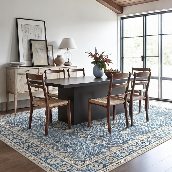 Bavni Washable Rugs 8x10-Machine Washable Rug Lightweight Low Pile, Vintage Floral Rug Non-Shedding Distressed Throw Carpet for Living Room Bedroom Office, Lake Blue