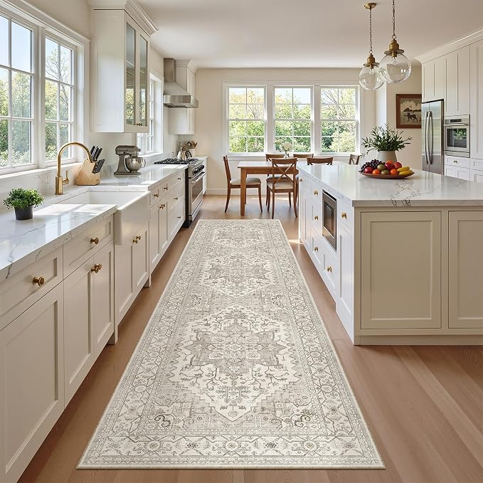 Madane Hallway Runner Rug 2'6''x10' Kitchen Runners Vintage, Beige/Brown | Non-Slip Washable Wide Rugs 2.5x10 Ft for Entryway Laundry and Bedroom, Soft Low Pile Stain-Resistant 10ft Floor Carpet