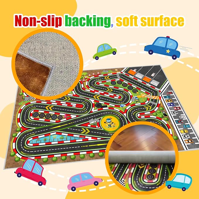 Kids Racing Rug 63''X94'' Car Road Kid Rug Carpet Playmat for Playoom Traffic Road Kid Play Mat for Bedroom，Kids Educational City Traffic Road map Fun Carpet (Brown)