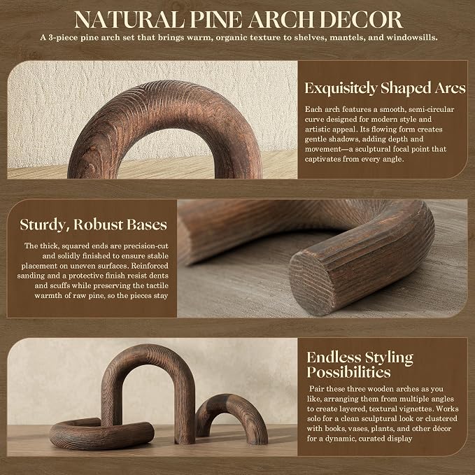 EOSAHR Pine Wood Arch Decor Set for Shelf Decor - Arch Decorative Objects for Coffee Table, Book Shelf & Desk - Wood Sculpture for Coffee Table Decorations (Vintage Brown)
