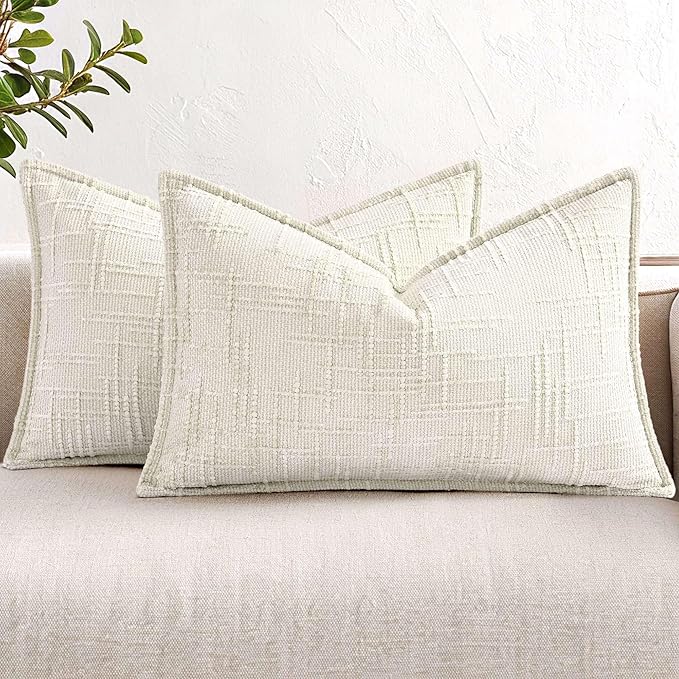 decorUhome Chenille Throw Pillow Covers 12x20 Set of 2, Soft Textured Slubby Modern Decorative Pillow Covers with Elegant Design for Couch, Sofa, Living Room, Cream White